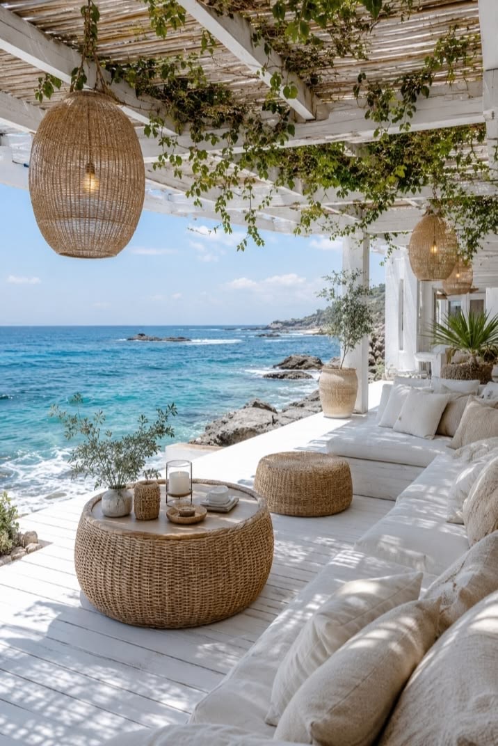 Terraza blanca frente al mar con mobiliario de tonos naturales